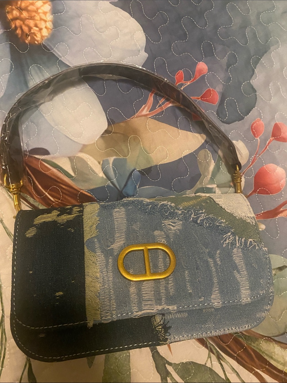 Denim Patchwork Top-Handle Shoulder Bag with Gold Hardware